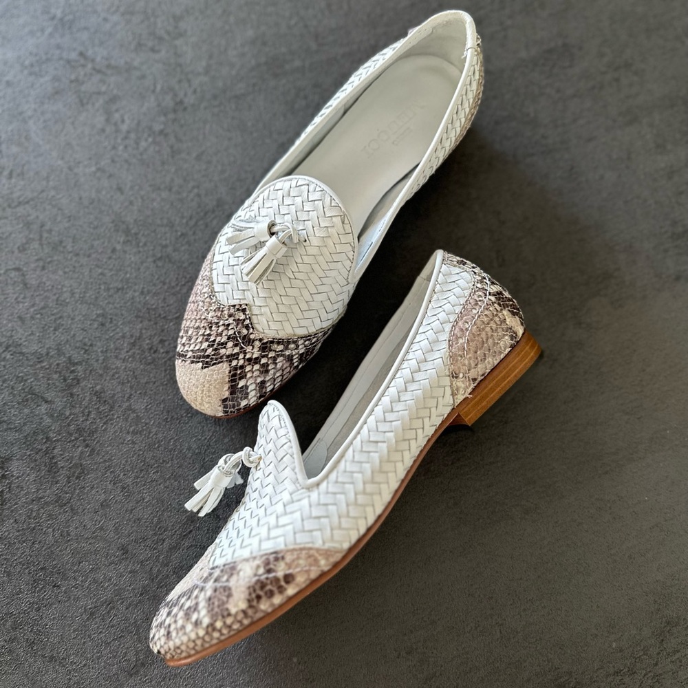 Sesto Meucci Oralie snakeskin snake print woven tassel white flats moccasins 7